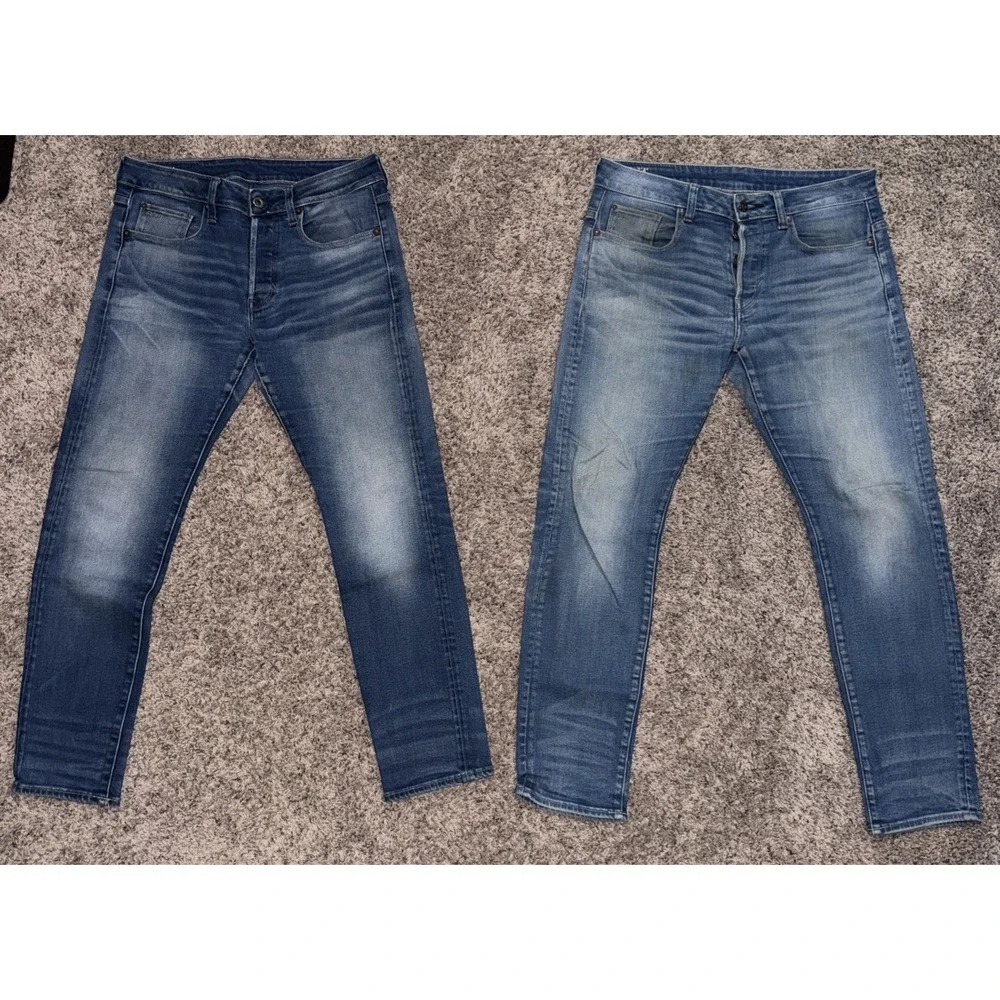 2 Pair G-Star RAW 3301 Slim Jeans Men's 30x30 Blue Faded Denim Distressed Wash